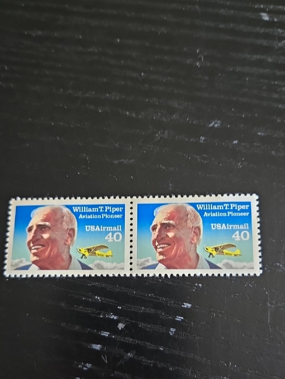 William T. Piper USA Airmail 40¢ Vintage Stamp Pair - Blue, Yellow, Red